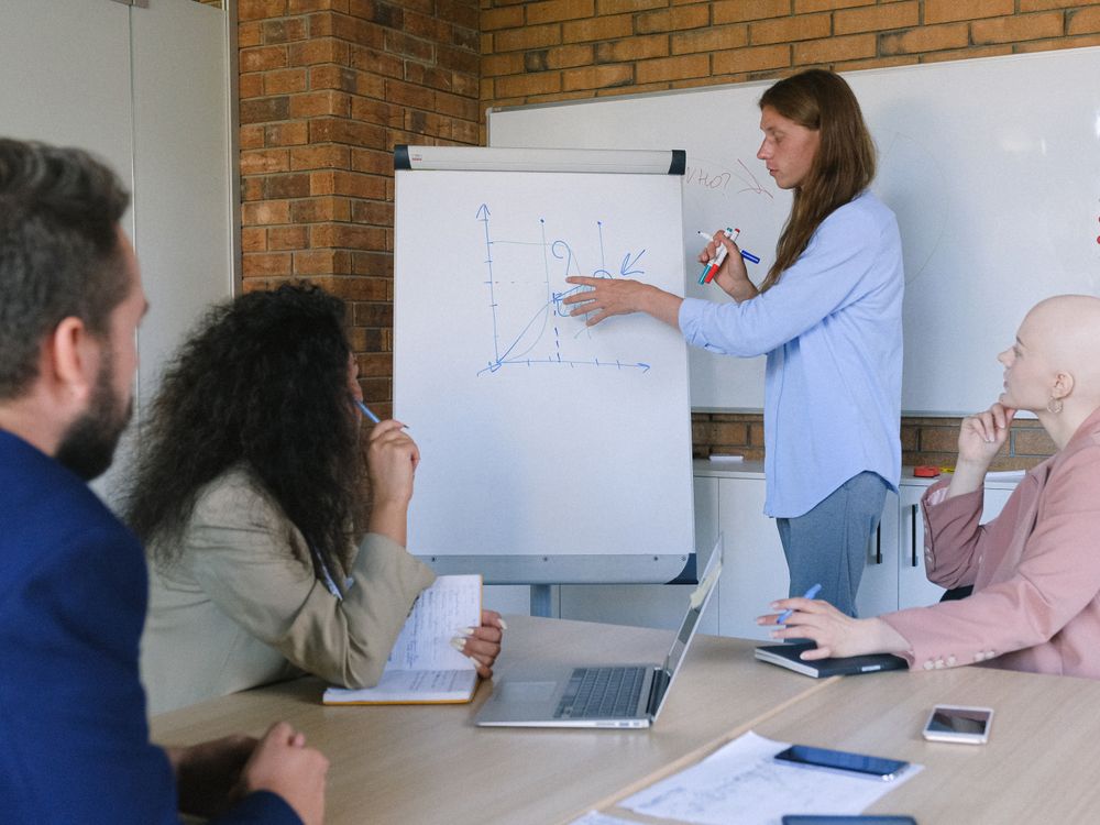Trainer walking a small team through a flipchart exercise
